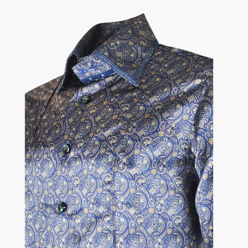 Blue & Brown Paisley Custom Print Silk Shirt -