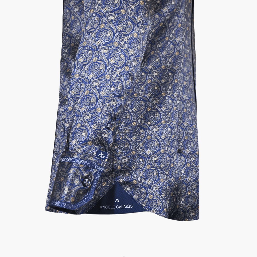 Blue & Brown Paisley Custom Print Silk Shirt - Angelo Galasso - Luxury Italian Menswear London