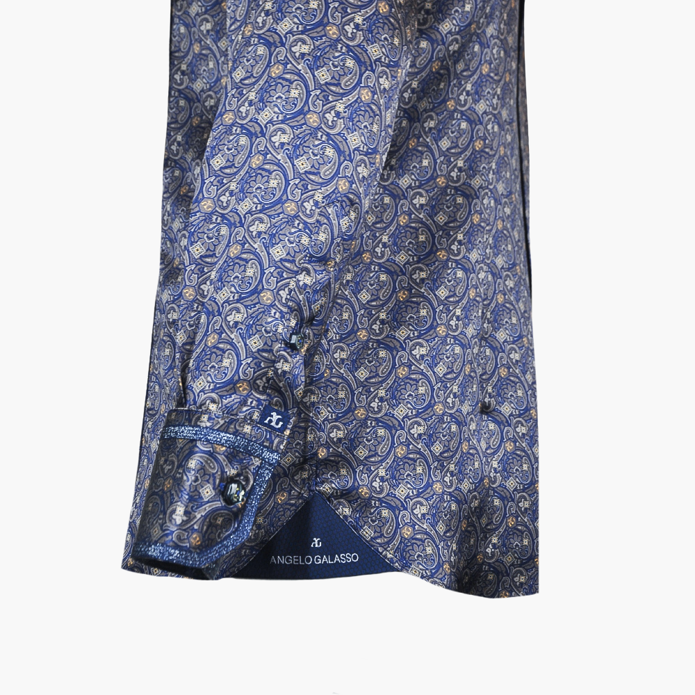 Blue & Brown Paisley Custom Print Silk Shirt -