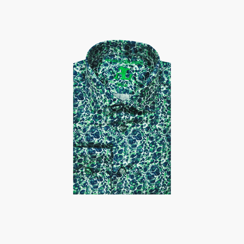 Green & Blue Malachite AG Custom Print Silk Shirt - Angelo Galasso - Luxury Italian Menswear London