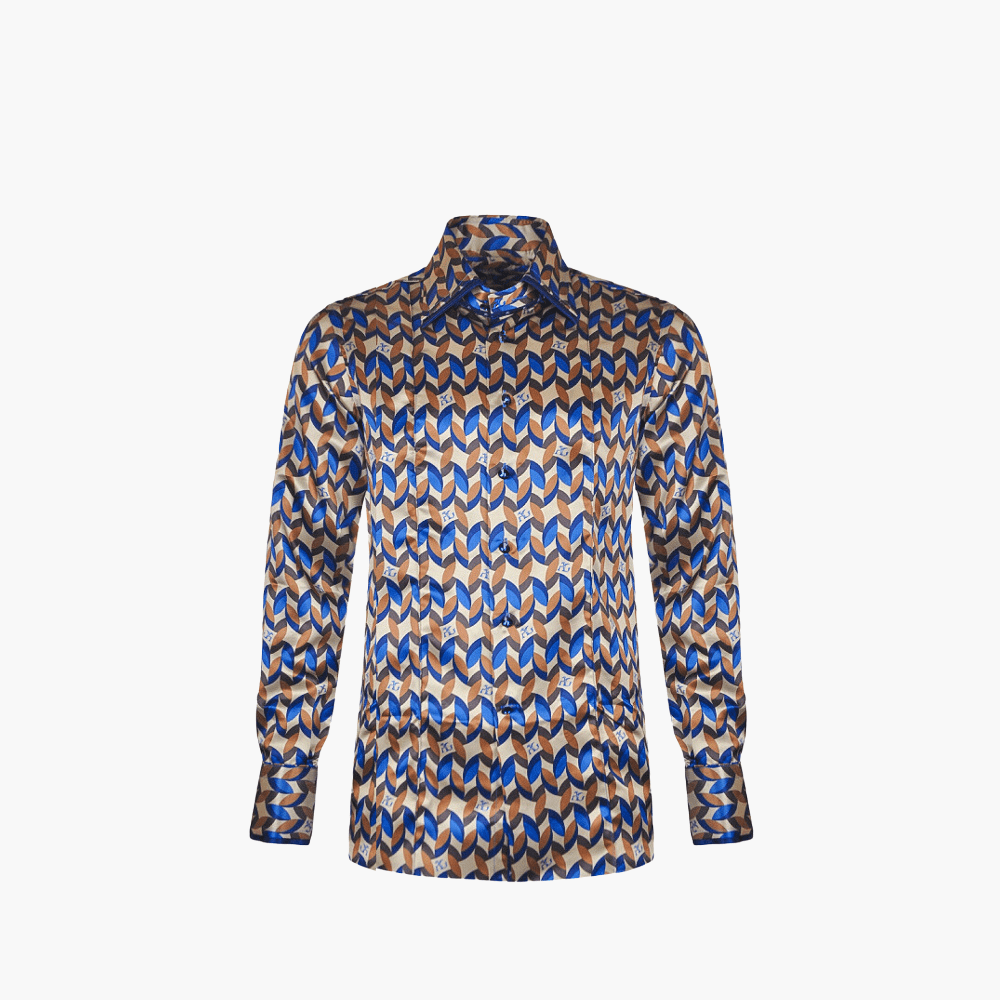 Brown & Blue Custom Print Caputi Shirt - Angelo Galasso - Luxury Italian Menswear London