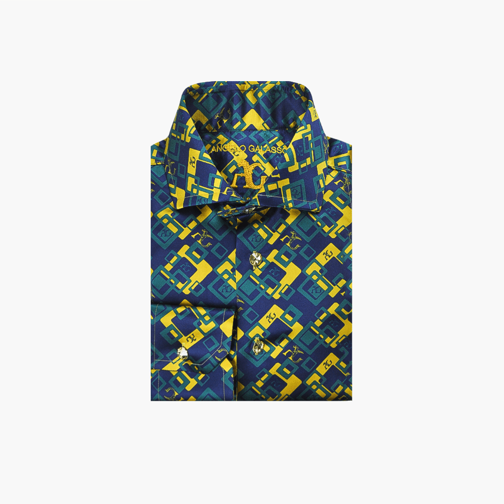 Blue & Yellow Custom-Printed Silk Mason Shirt - Angelo Galasso - Luxury Italian Menswear London