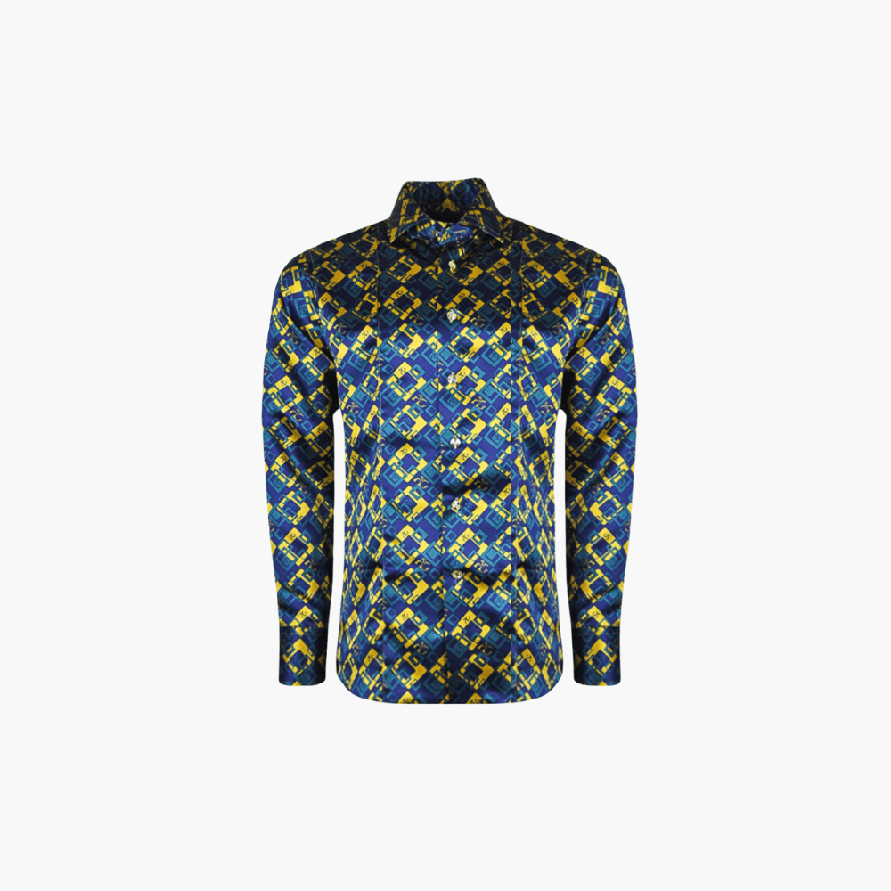 Blue & Yellow Custom-Printed Silk Mason Shirt - Angelo Galasso - Luxury Italian Menswear London