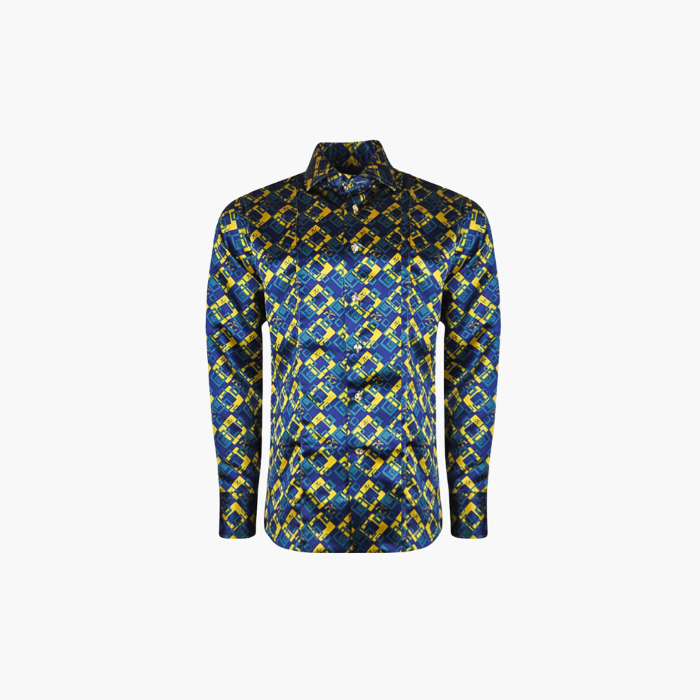 Blue & Yellow Custom-Printed Silk Mason Shirt - AG24S1HAS33