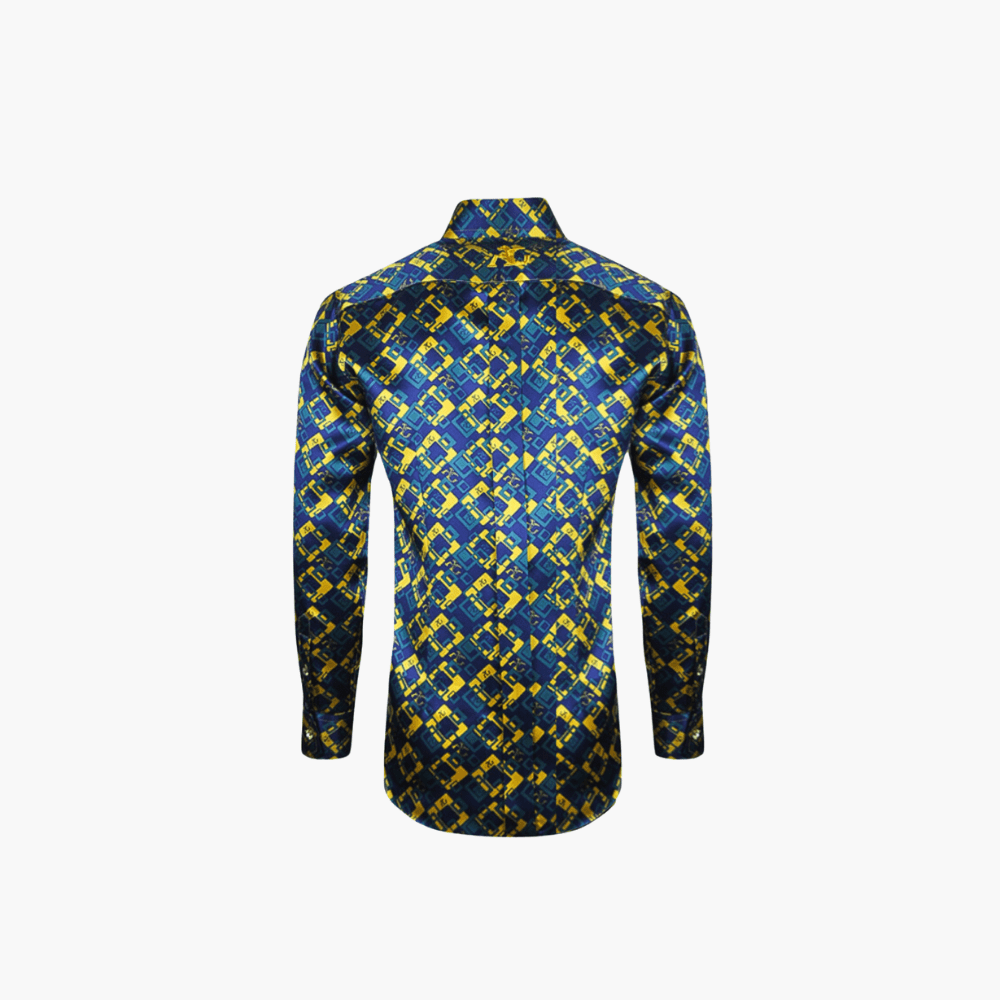 Blue & Yellow Custom-Printed Silk Mason Shirt - Angelo Galasso - Luxury Italian Menswear London