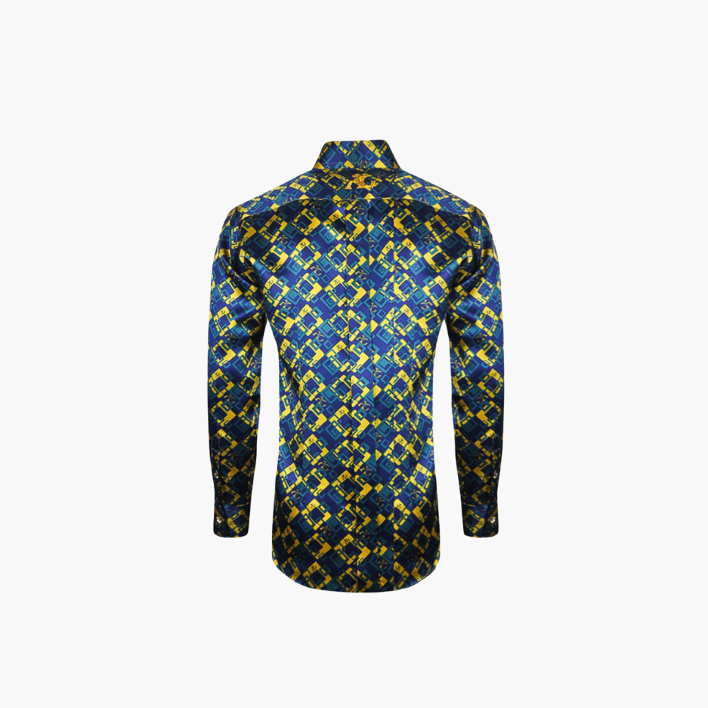 Blue & Yellow Custom-Printed Silk Mason Shirt - AG24S1HAS33