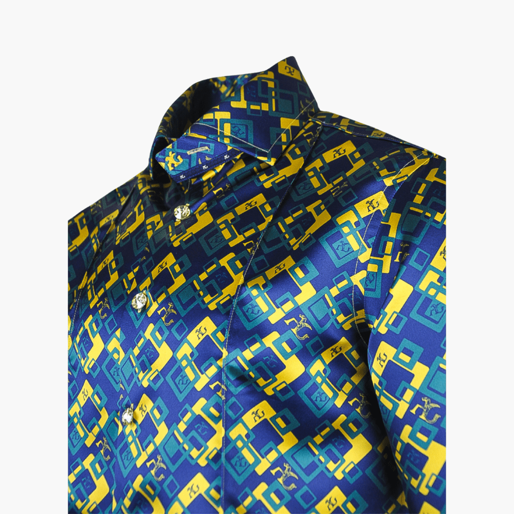 Blue & Yellow Custom-Printed Silk Mason Shirt - Angelo Galasso - Luxury Italian Menswear London