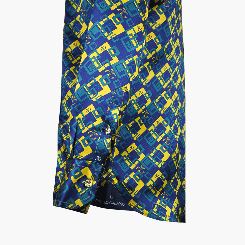 Blue & Yellow Custom-Printed Silk Mason Shirt - Angelo Galasso - Luxury Italian Menswear London