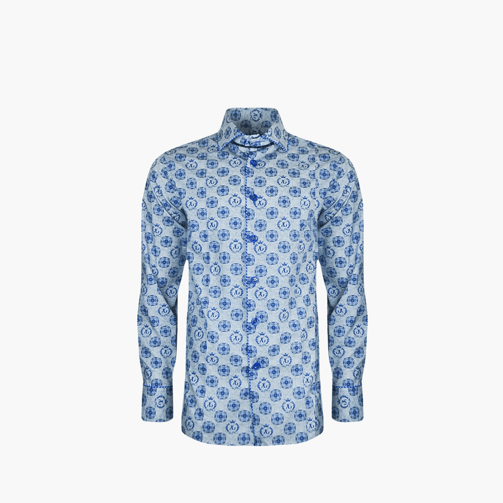 Blue & Grey Alloro Print Shirt - Angelo Galasso - Luxury Italian Menswear London