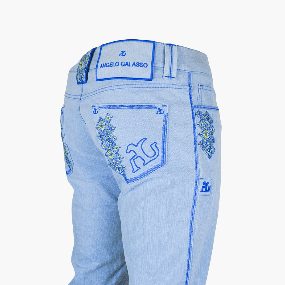 Light Blue Jeans with Embroidered - Angelo Galasso - Luxury Italian Menswear London