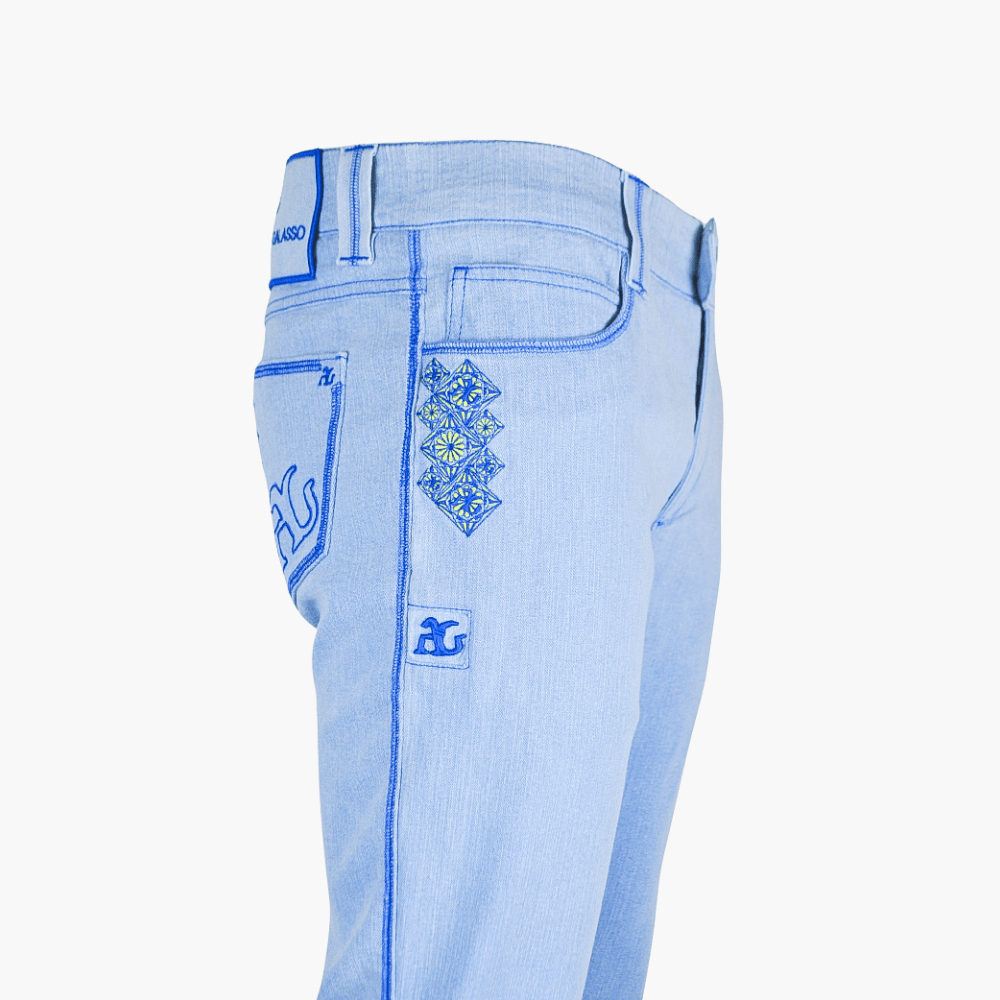 Light Blue Jeans with Embroidered - Angelo Galasso - Luxury Italian Menswear London