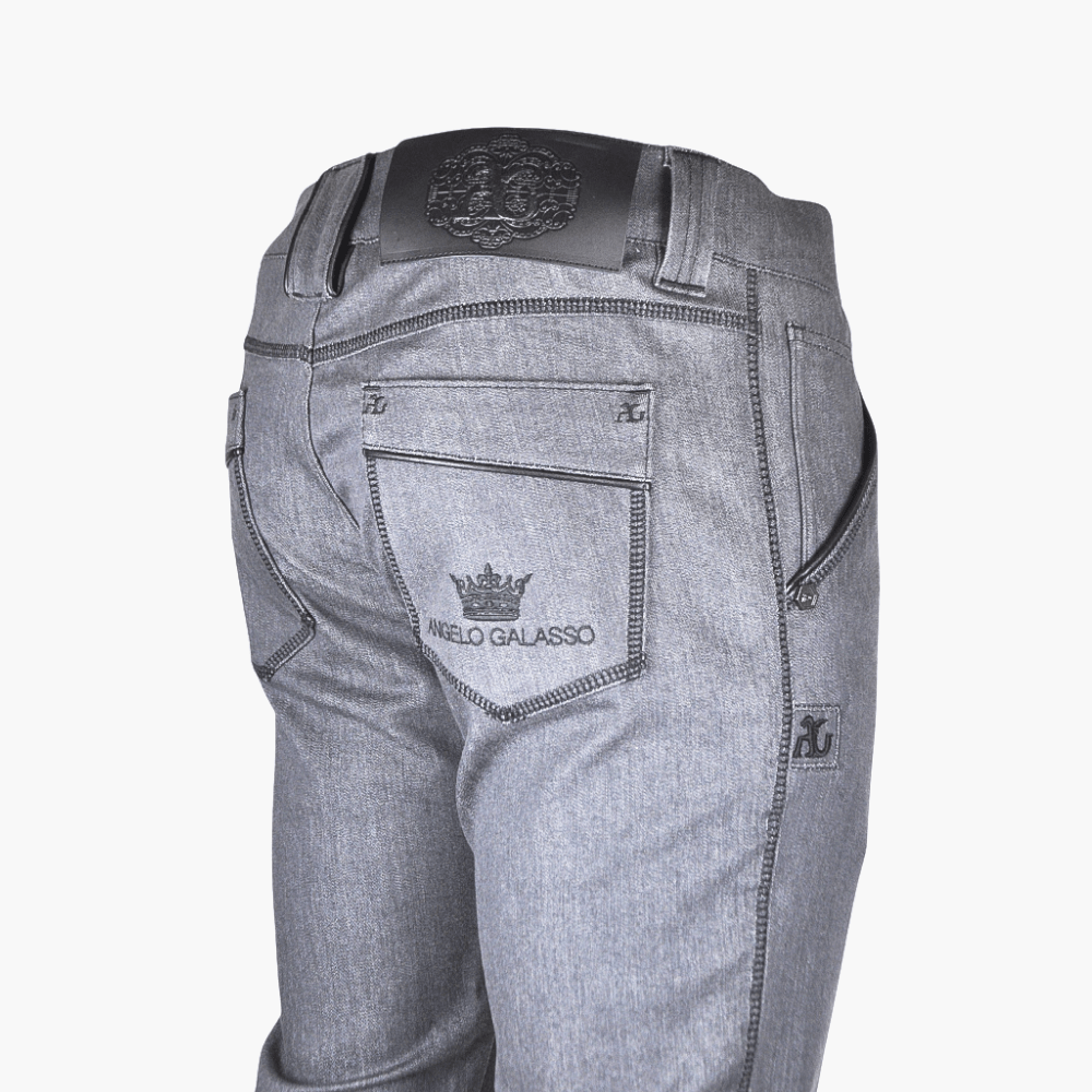 Grey & Black Leather Crown Jeans - Angelo Galasso - Luxury Italian Menswear London