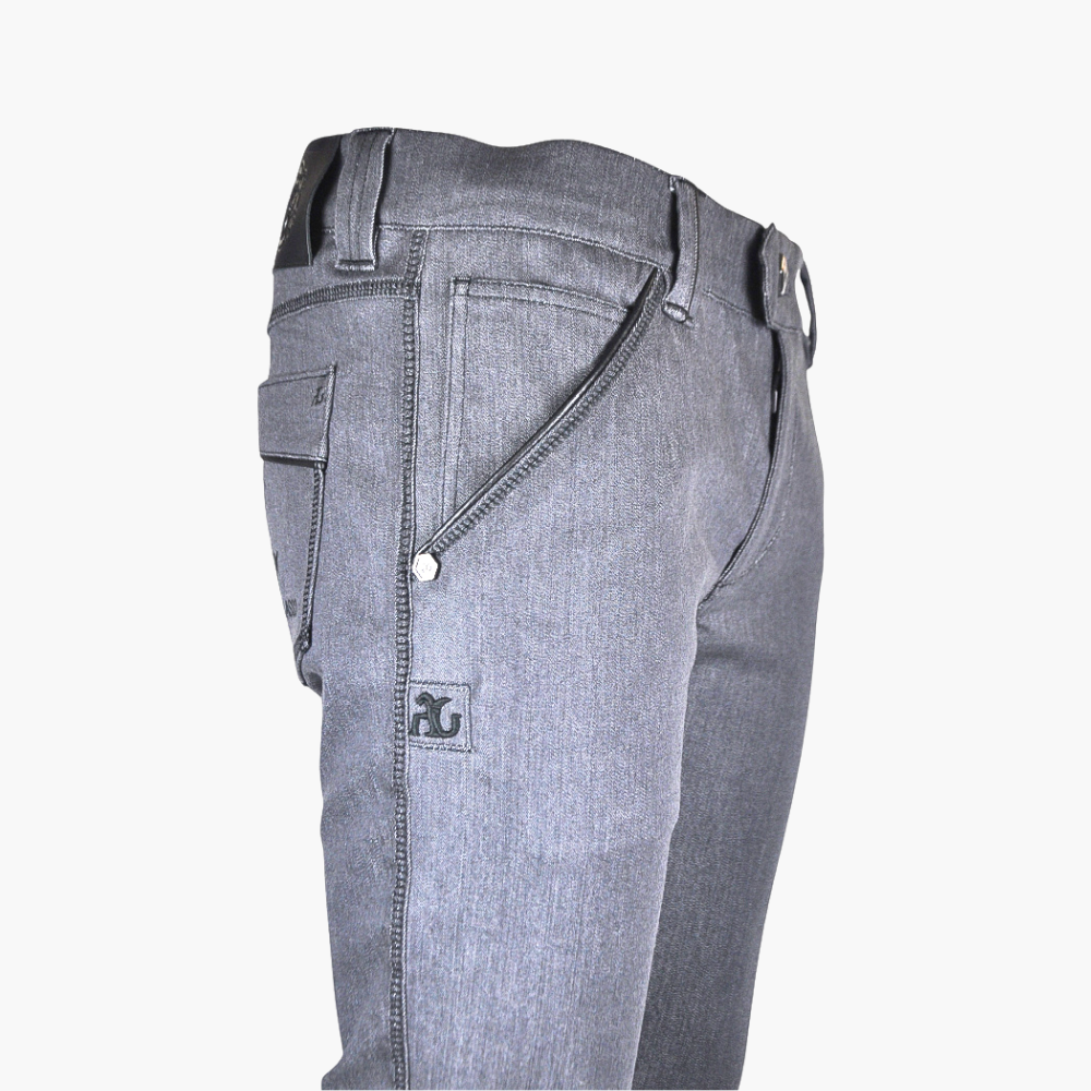 Grey & Black Leather Crown Jeans - AG24SJJNS04