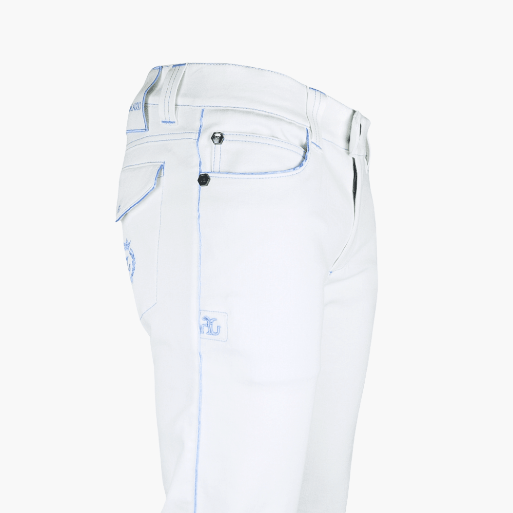 White Jeans with Alloro Logo & Piping - Angelo Galasso - Luxury Italian Menswear London