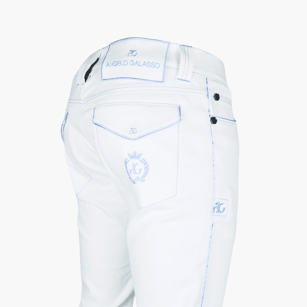 White Jeans with Alloro Logo & Piping - Angelo Galasso - Luxury Italian Menswear London