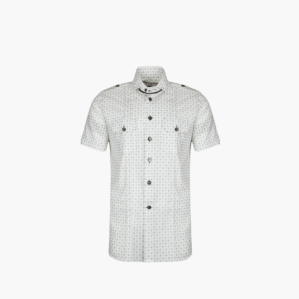 Beige & White Match Point Short Sleeves Portofino/Mason Shirt - Angelo Galasso - Luxury Italian Menswear London