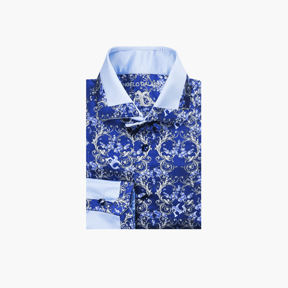 Royal Blue Ramage Silk Mason Shirt - Angelo Galasso - Luxury Italian Menswear London