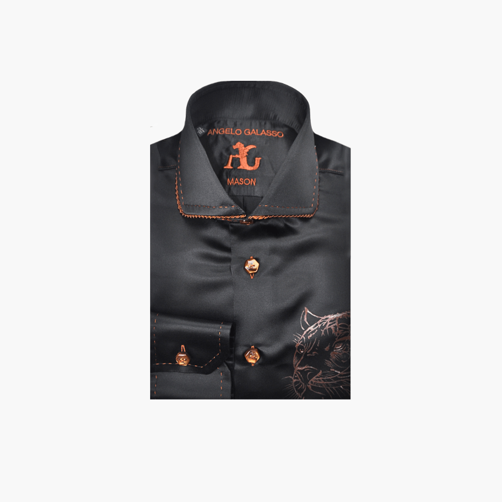 Black Silk Shirt with Hand-Painted Panther - Angelo Galasso - Luxury Italian Menswear London