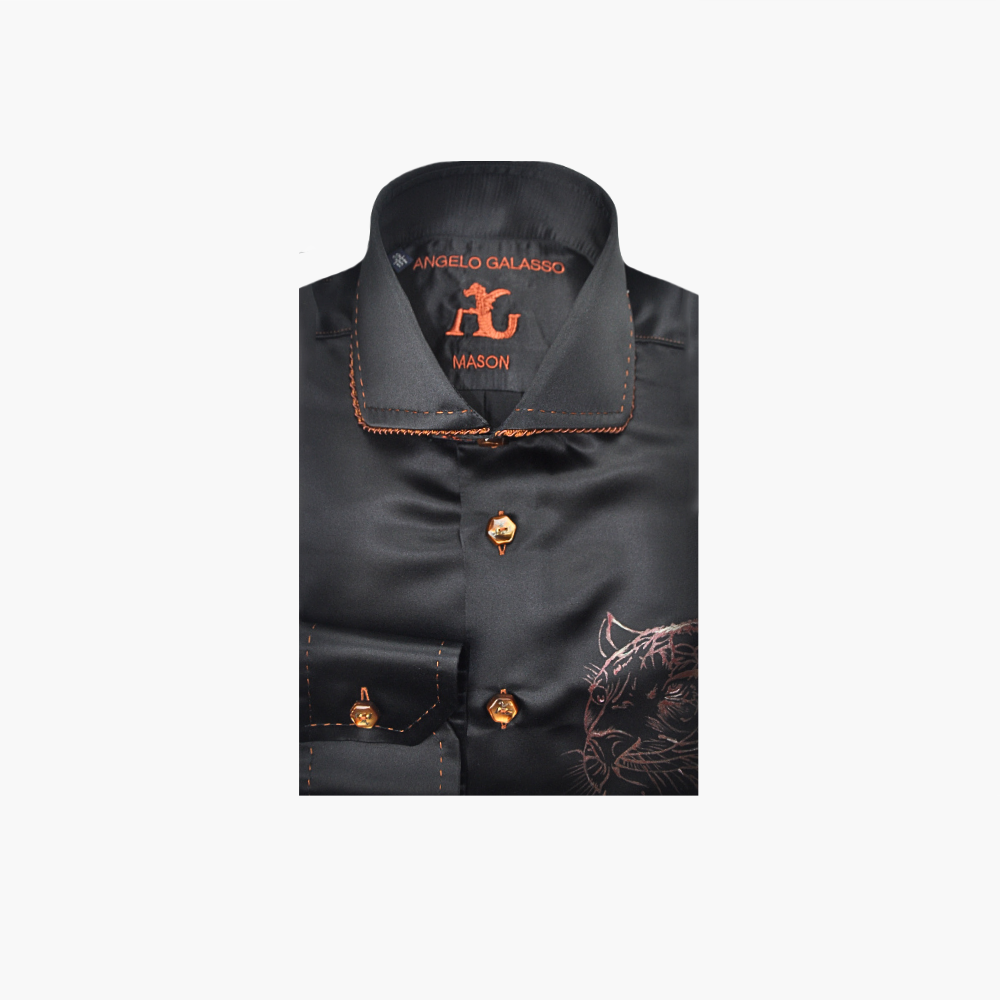 Black Silk Shirt with Hand-Painted Panther - AG24W1HAS18