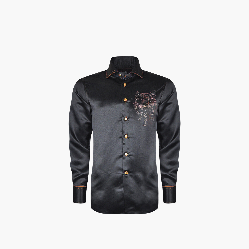 Black Silk Shirt with Hand-Painted Panther - AG24W1HAS18
