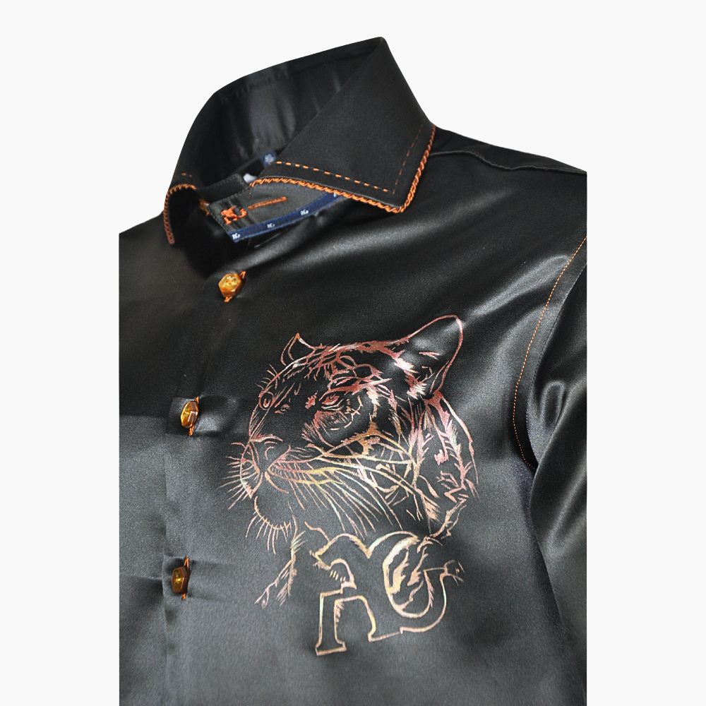 Black Silk Shirt with Hand-Painted Panther - AG24W1HAS18