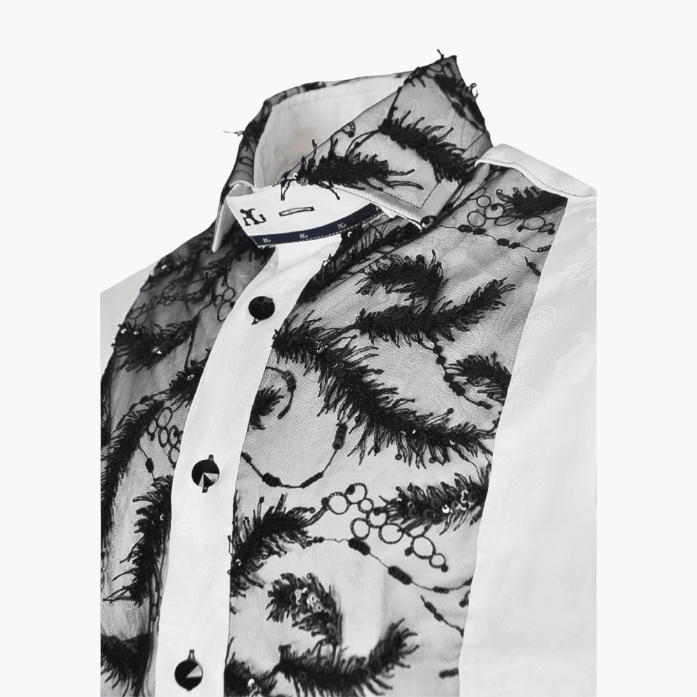 White & Black Feather Sequined Mason Shirt - Angelo Galasso - Luxury Italian Menswear London