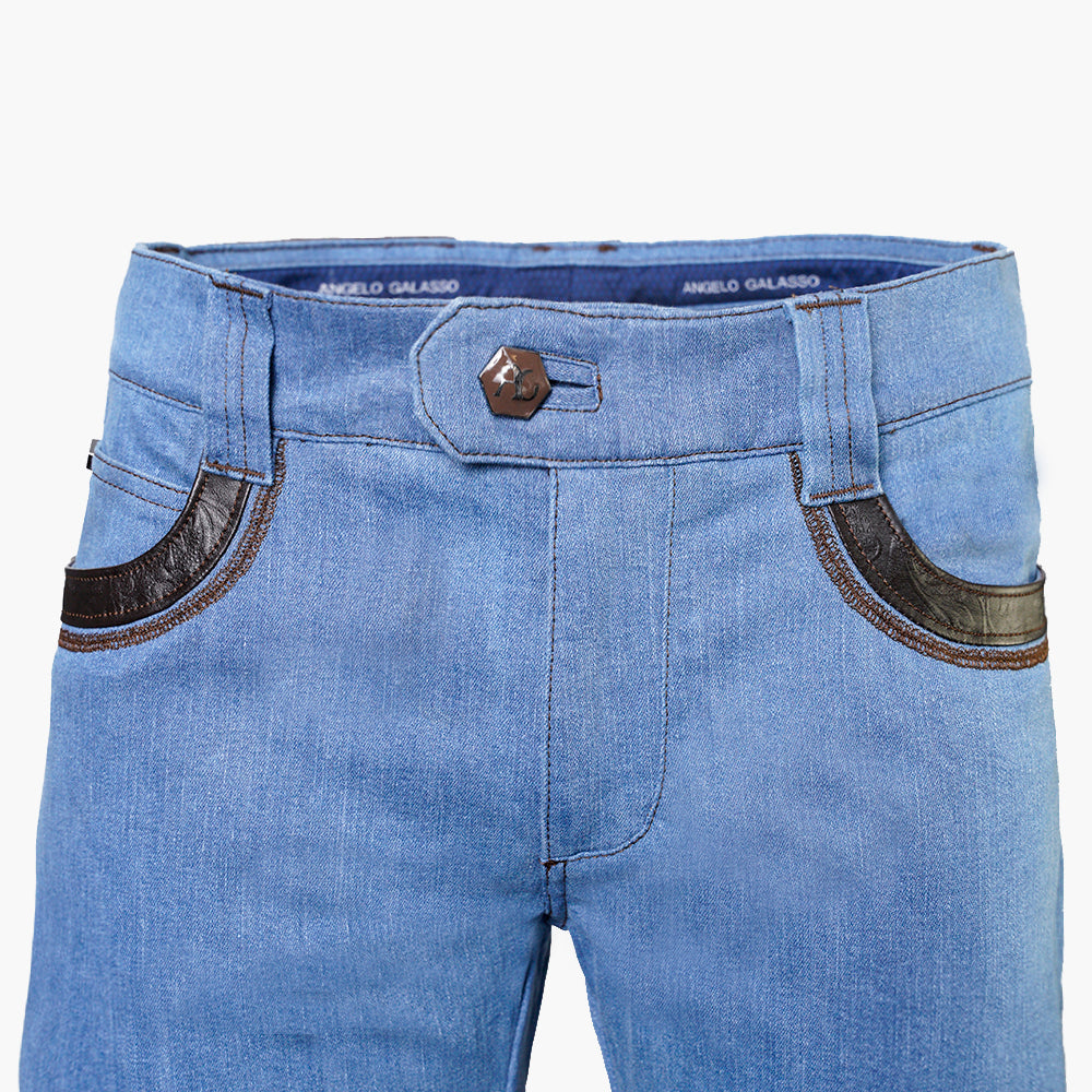 Blue Alloro Embossed Leather Jeans - AG24WJJNS02