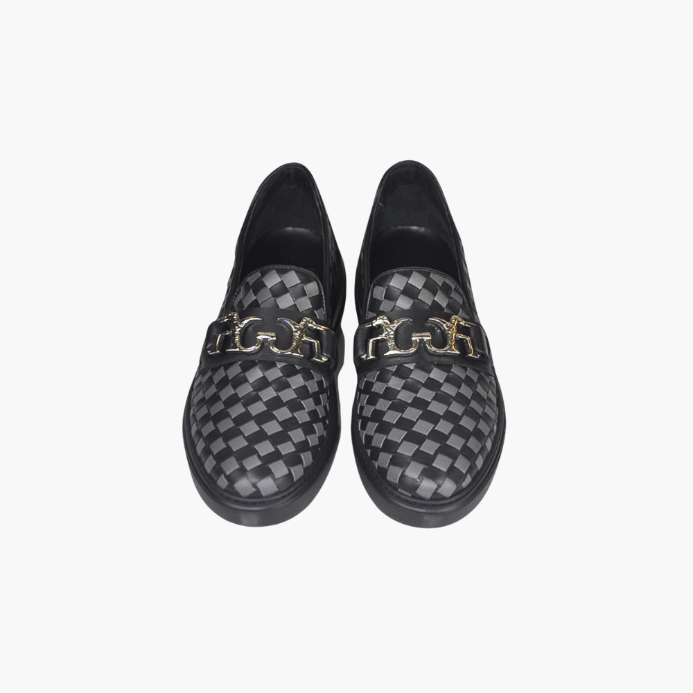 Black & Grey Woven Calf Leather Slip-on Shoes - AG24WSCAF01