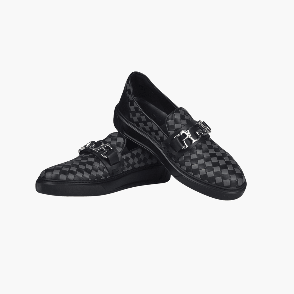 Black & Grey Woven Calf Leather Slip-on Shoes - Angelo Galasso - Luxury Italian Menswear London