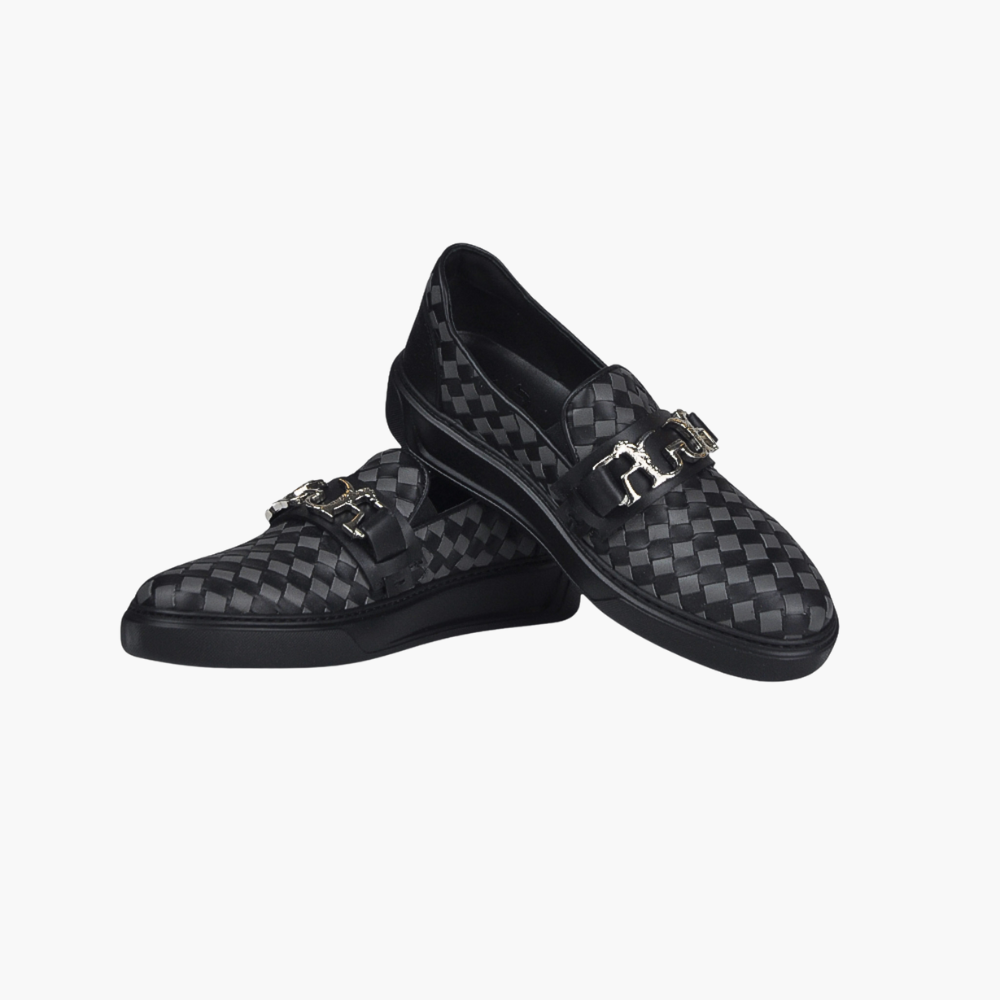Black & Grey Woven Calf Leather Slip-on Shoes - AG24WSCAF01