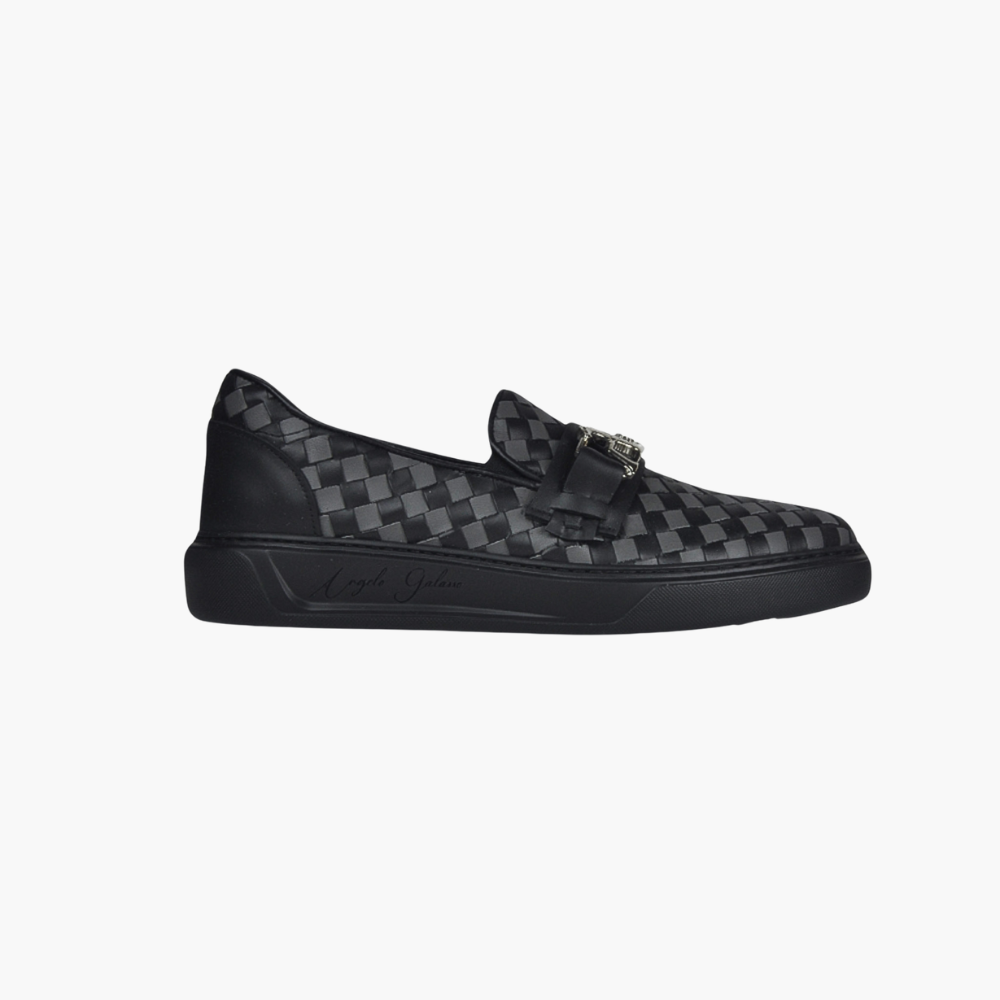 Black & Grey Woven Calf Leather Slip-on Shoes - AG24WSCAF01
