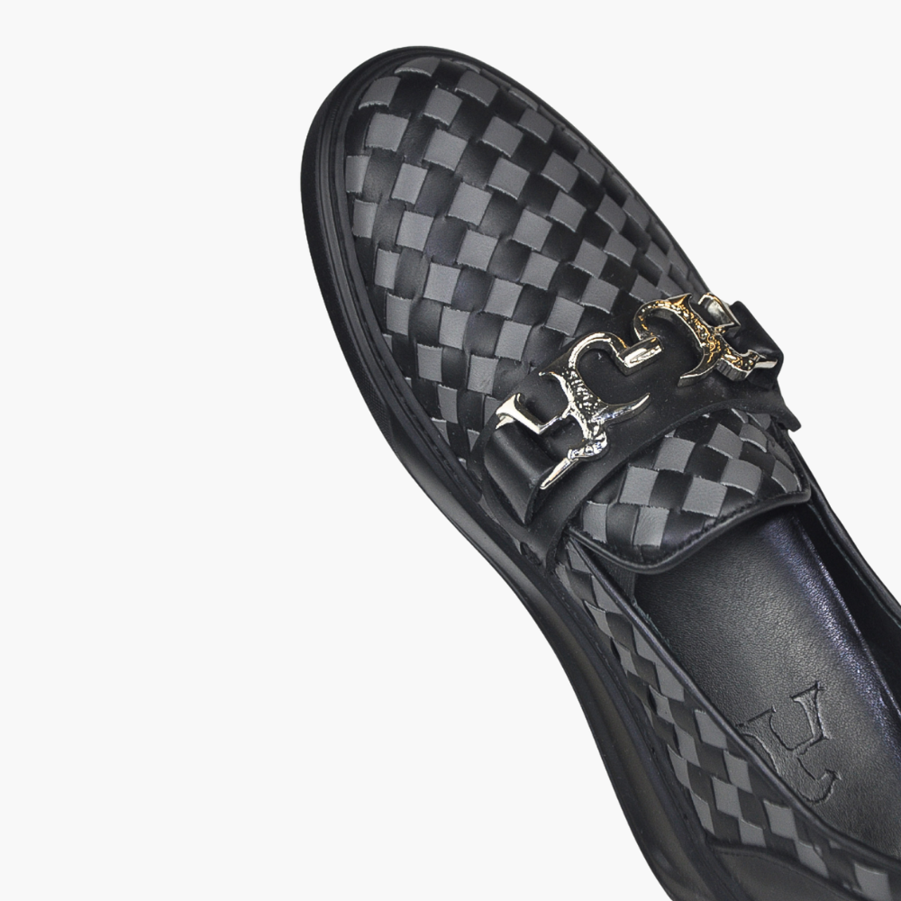 Black & Grey Woven Calf Leather Slip-on Shoes - AG24WSCAF01