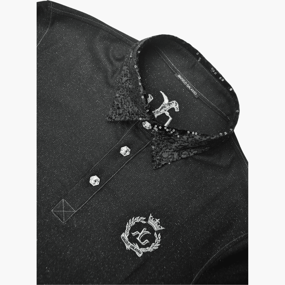 Black Paillettes & Alloro Long-Sleeve Polo - Angelo Galasso - Luxury Italian Menswear London