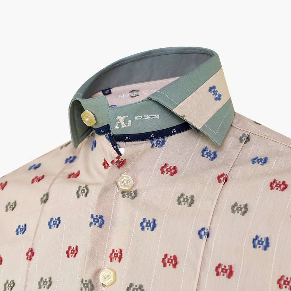 Beige & Olive Green Fil Coupe Mason Shirt - Angelo Galasso - Luxury Italian Menswear London