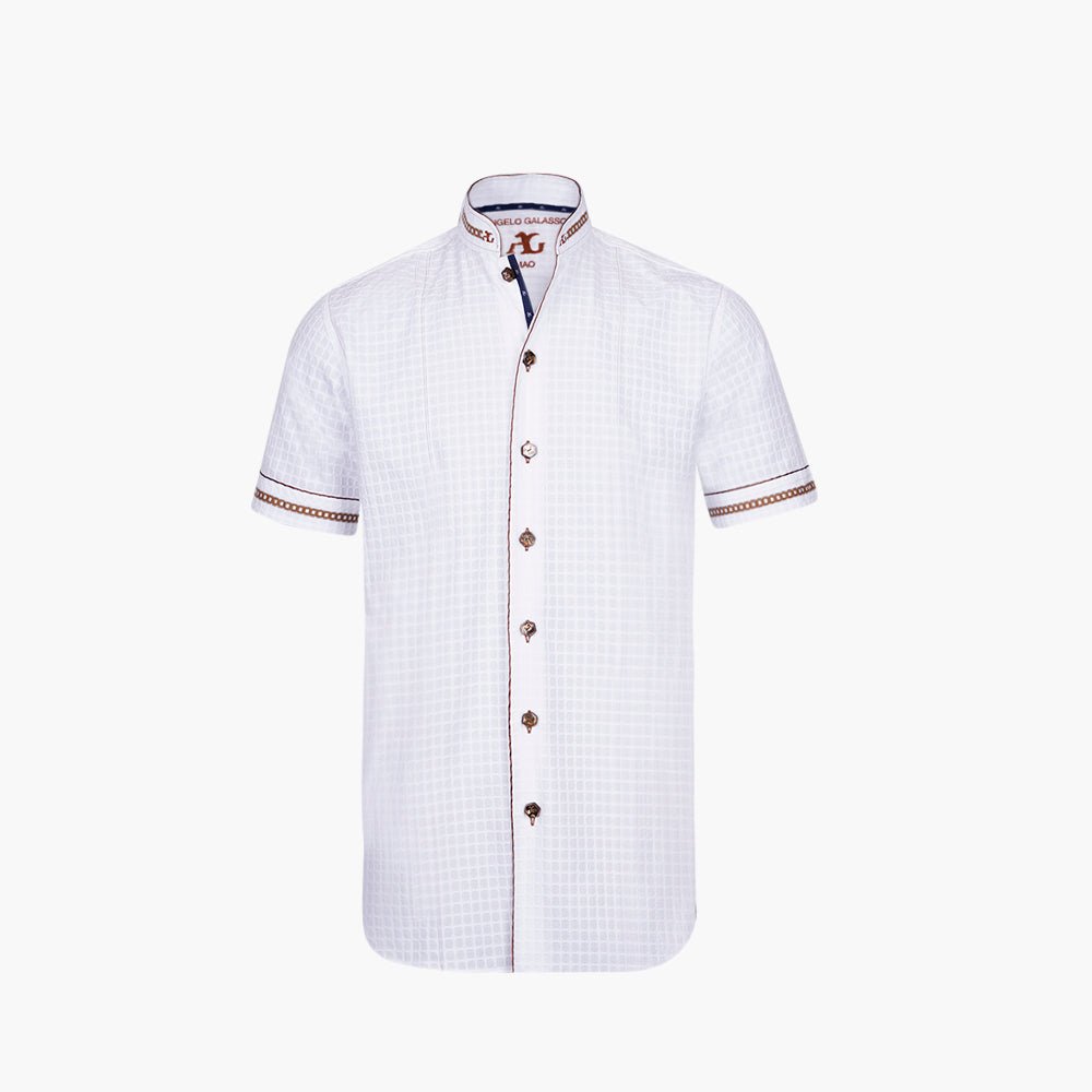 White & Brown Mao Tyrolese Shirt - Angelo Galasso - Luxury Italian Menswear London