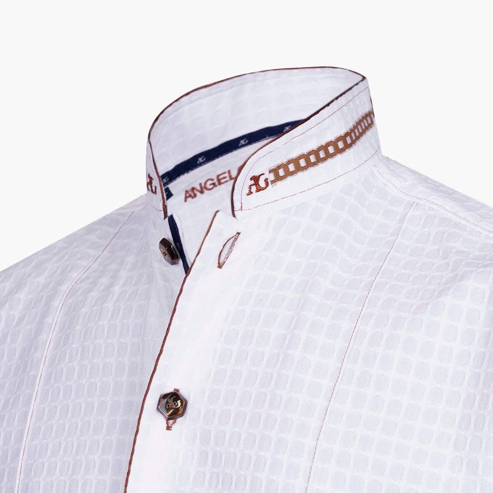 White & Brown Mao Tyrolese Shirt - Angelo Galasso - Luxury Italian Menswear London