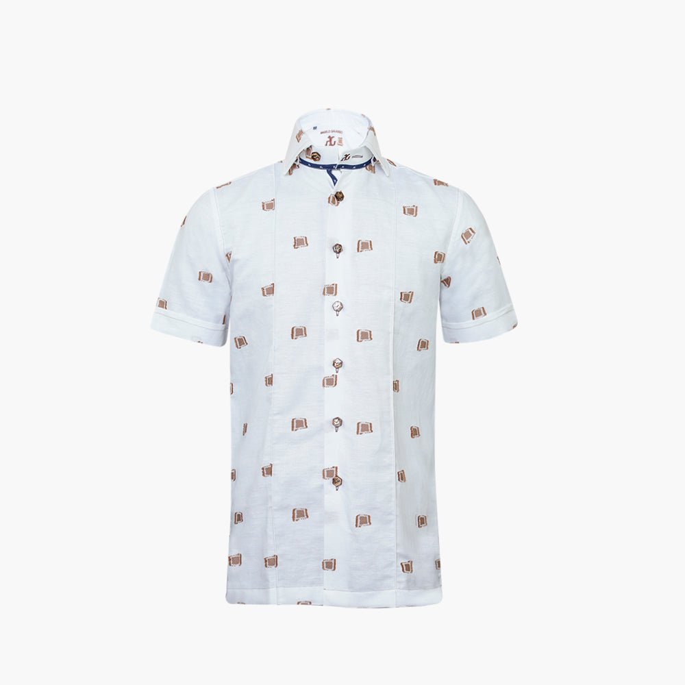 White & Brown Camogli Fil Coupe Mason Shirt - Angelo Galasso - Luxury Italian Menswear London