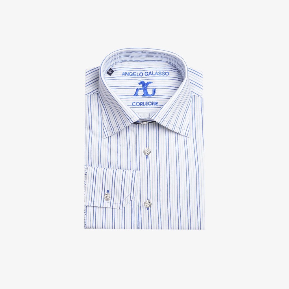 White & Blue Striped Silver Corleone Shirt - Angelo Galasso - Luxury Italian Menswear London