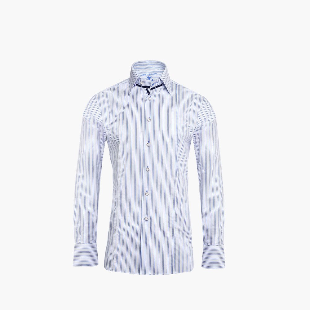 White & Blue Striped Silver Corleone Shirt - Angelo Galasso - Luxury Italian Menswear London