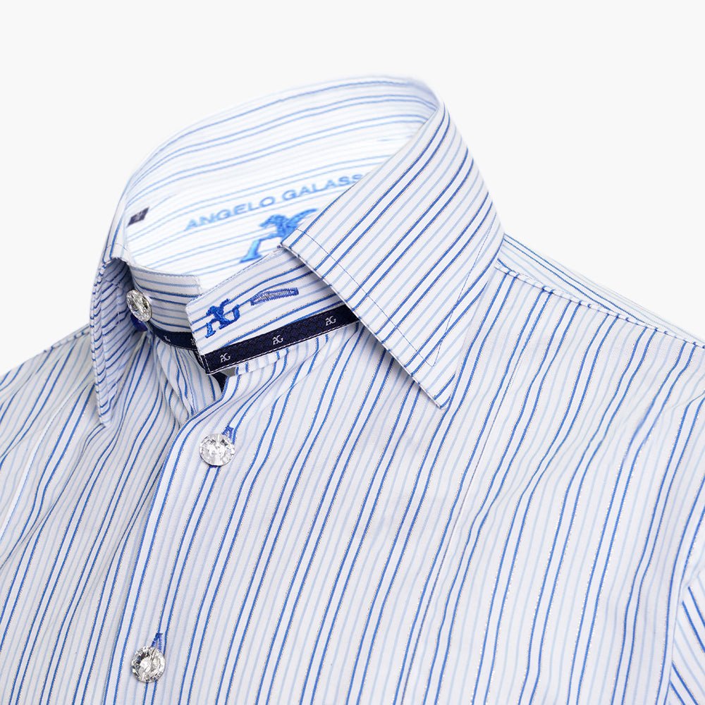 White & Blue Striped Silver Corleone Shirt - Angelo Galasso - Luxury Italian Menswear London