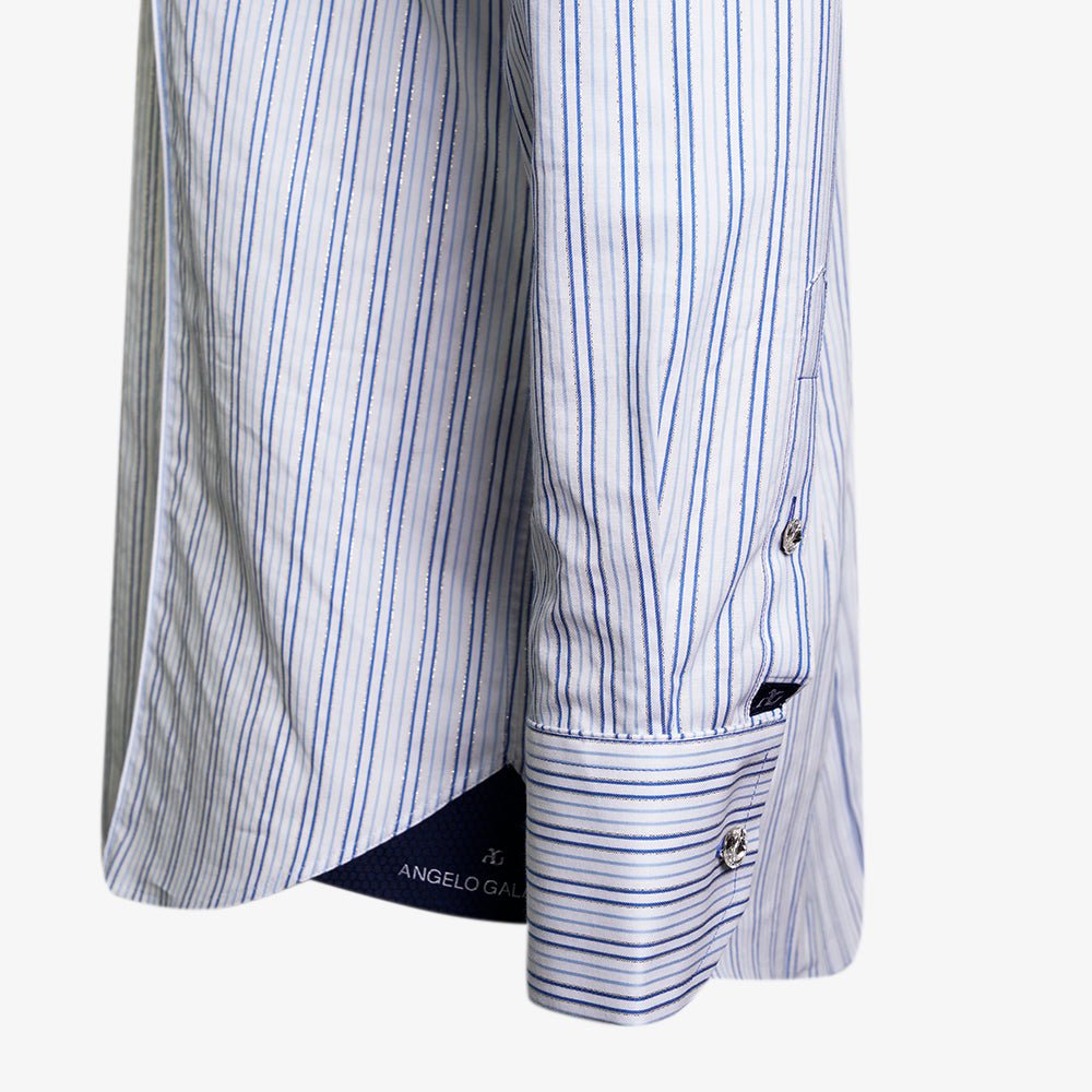 White & Blue Striped Silver Corleone Shirt - Angelo Galasso - Luxury Italian Menswear London