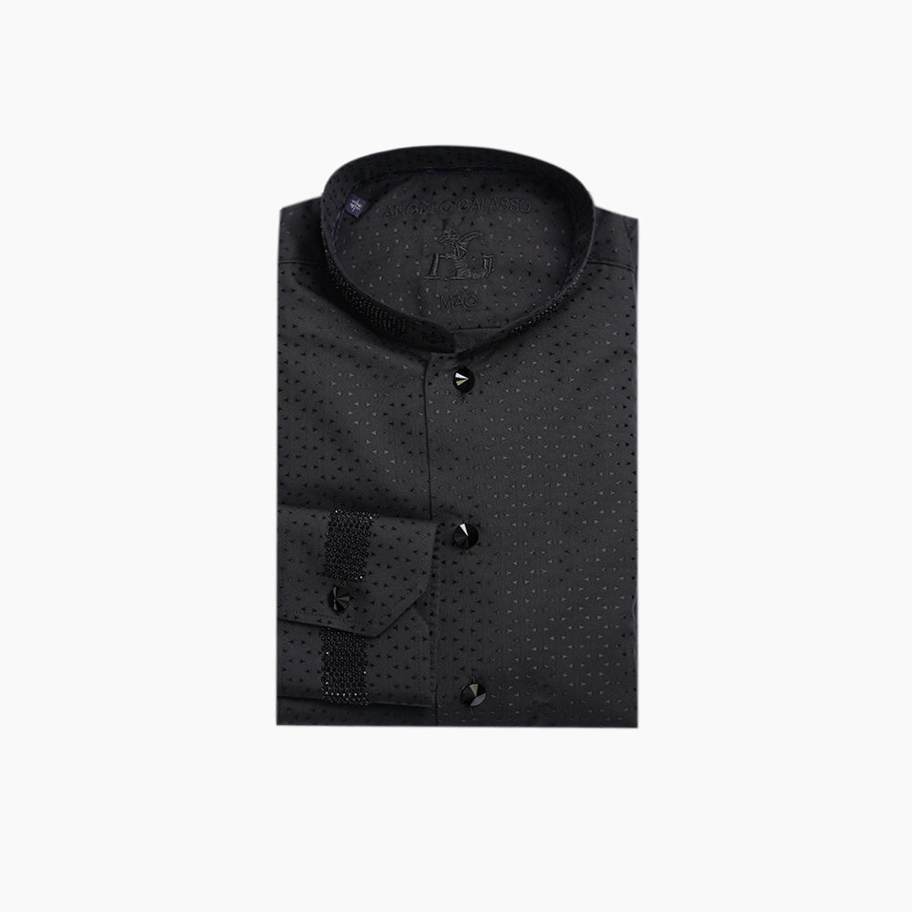 Black Jacquard Strass Mao Shirt - Angelo Galasso - Luxury Italian Menswear London