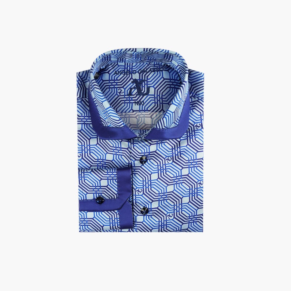 Blue Silk Custom Printed Niki Shirt - Angelo Galasso - Luxury Italian Menswear London