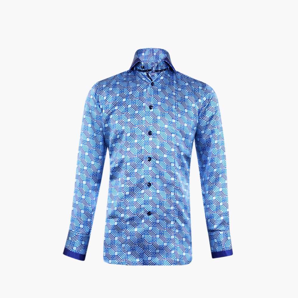 Blue Silk Custom Printed Niki Shirt - Angelo Galasso - Luxury Italian Menswear London