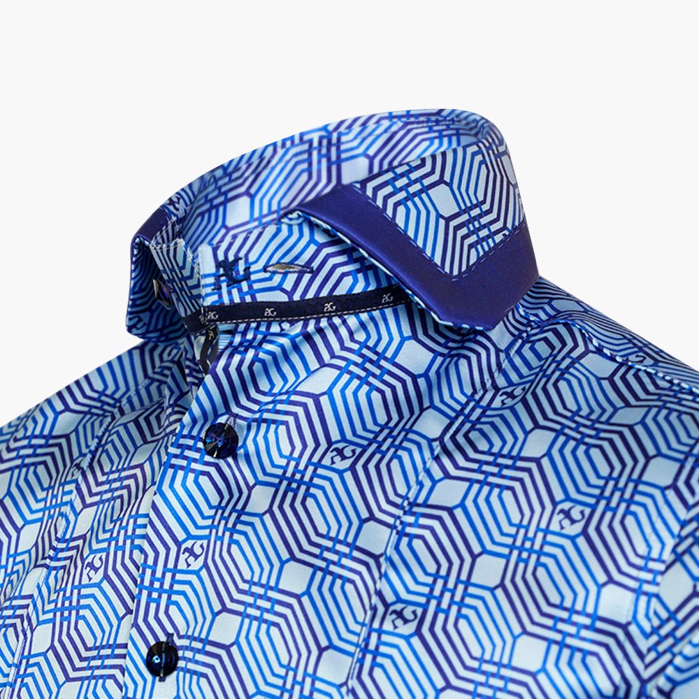 Blue Silk Custom Printed Niki Shirt - Angelo Galasso - Luxury Italian Menswear London