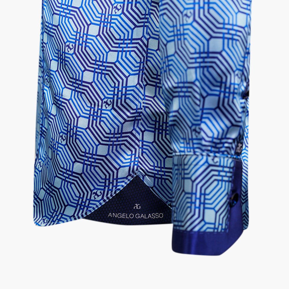 Blue Silk Custom Printed Niki Shirt - Angelo Galasso - Luxury Italian Menswear London