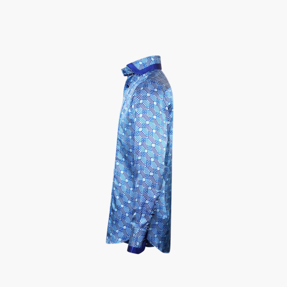 Blue Silk Custom Printed Niki Shirt - Angelo Galasso - Luxury Italian Menswear London