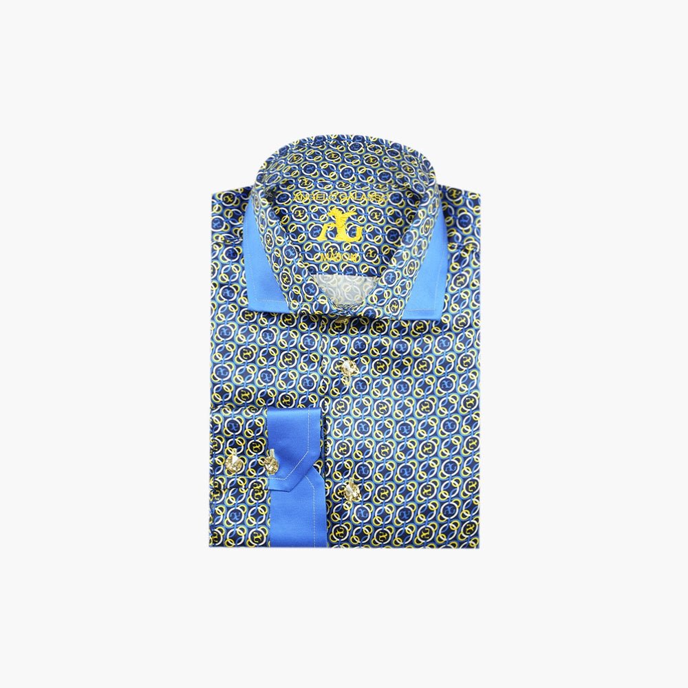 Blue & Yellow Custom print Silk Mason Shirt - Angelo Galasso - Luxury Italian Menswear London