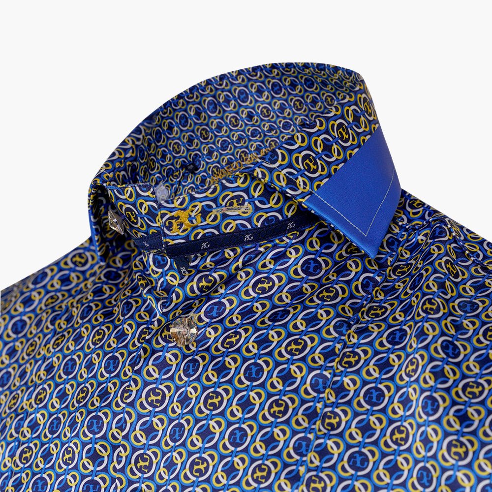 Blue & Yellow Custom print Silk Mason Shirt - Angelo Galasso - Luxury Italian Menswear London