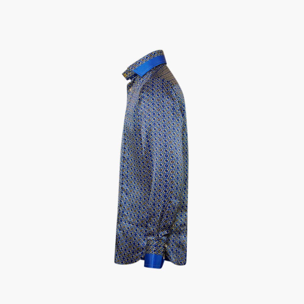 Blue & Yellow Custom print Silk Mason Shirt - Angelo Galasso - Luxury Italian Menswear London